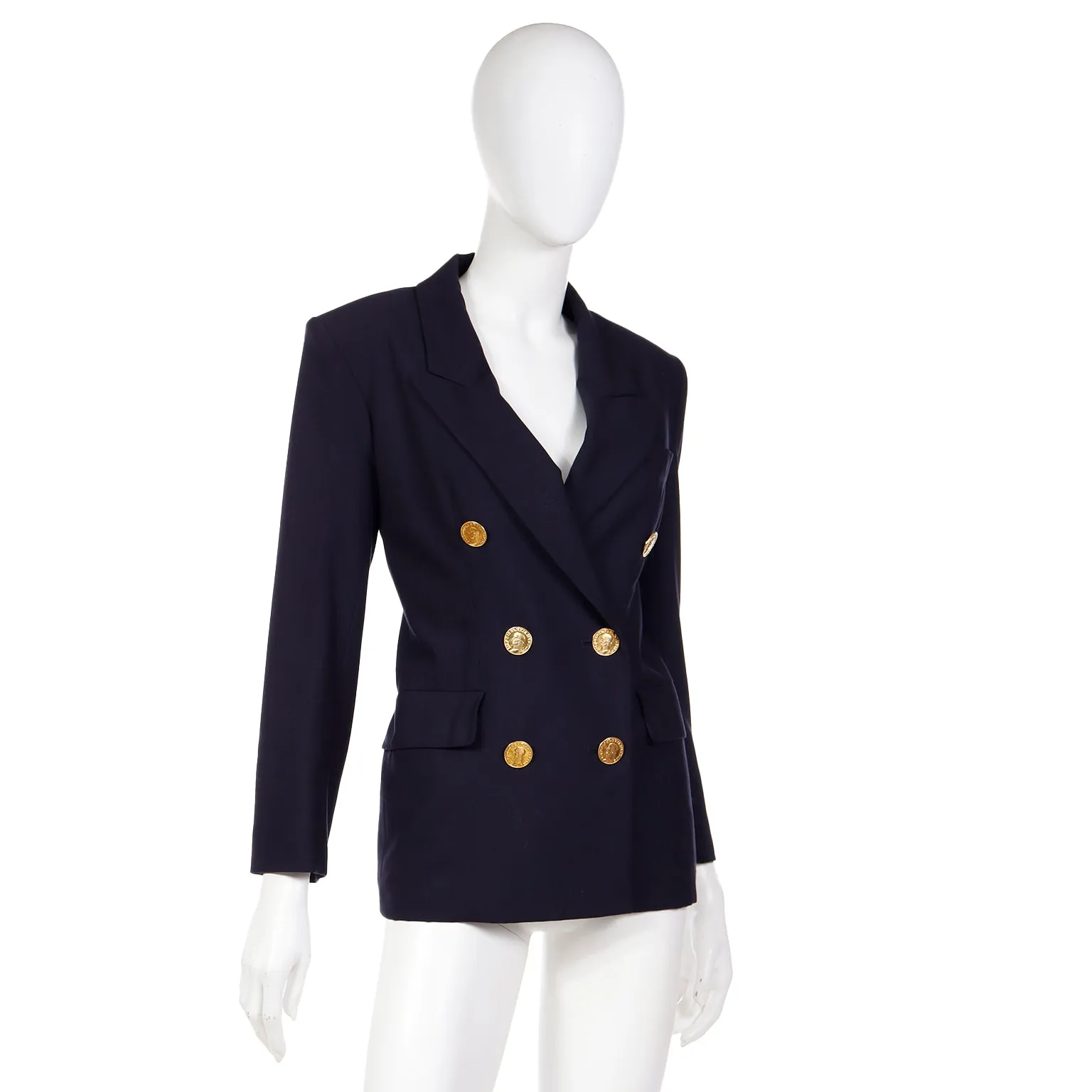 1991 Yves Saint Laurent Navy Blue Wool Blazer Jacket With Coin Buttons