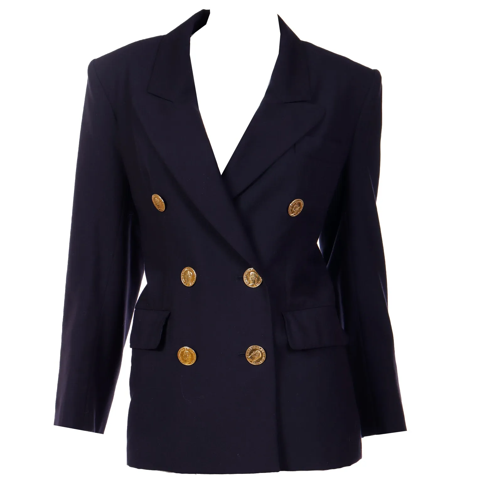 1991 Yves Saint Laurent Navy Blue Wool Blazer Jacket With Coin Buttons