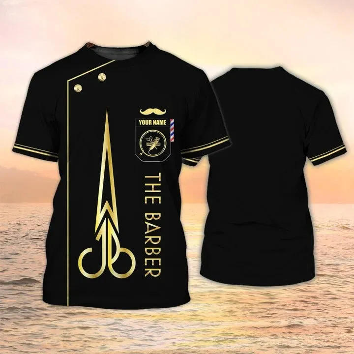 3D All over Print Barber T shirt Custom Barber Shirt Barber Shop Uniform Black & Gold