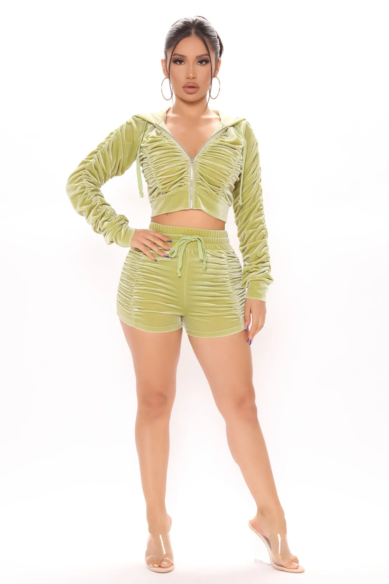 Ask About Me Velvet Short Set - Chartreuse