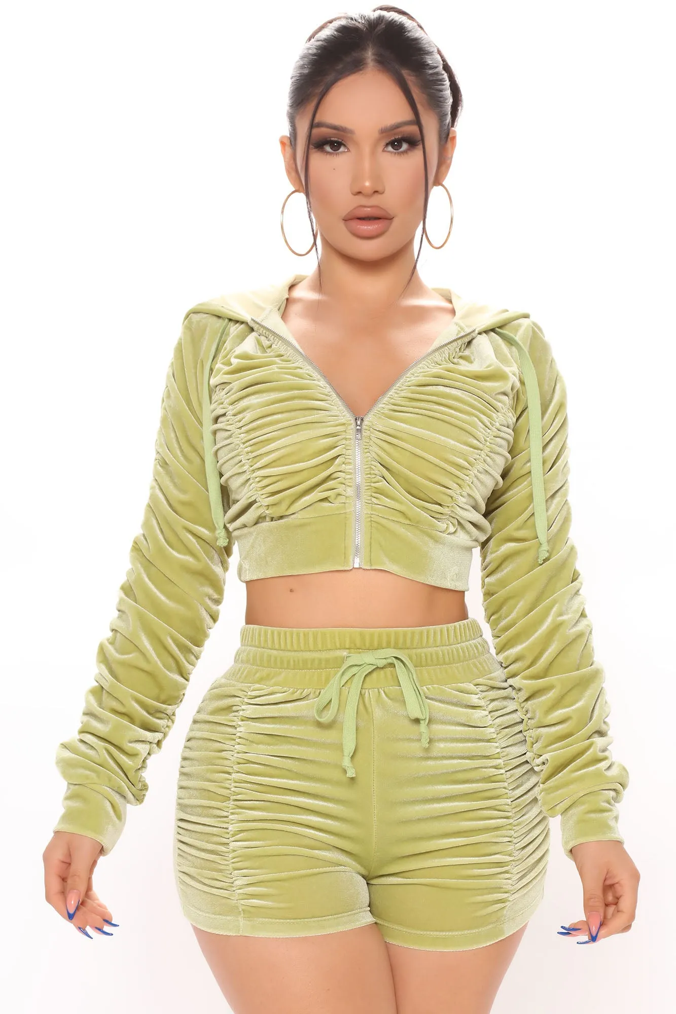 Ask About Me Velvet Short Set - Chartreuse