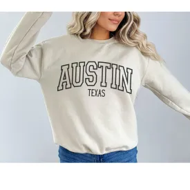 Austin Texas Crewneck Sweatshirt, Varsity Design, Texas Pullover, Trendy, Oversize Varsity Letters Pullover