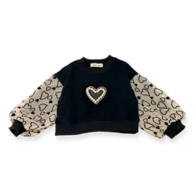 Black/Neutral Heart Embellished Mesh Sleeve Sweatshirt