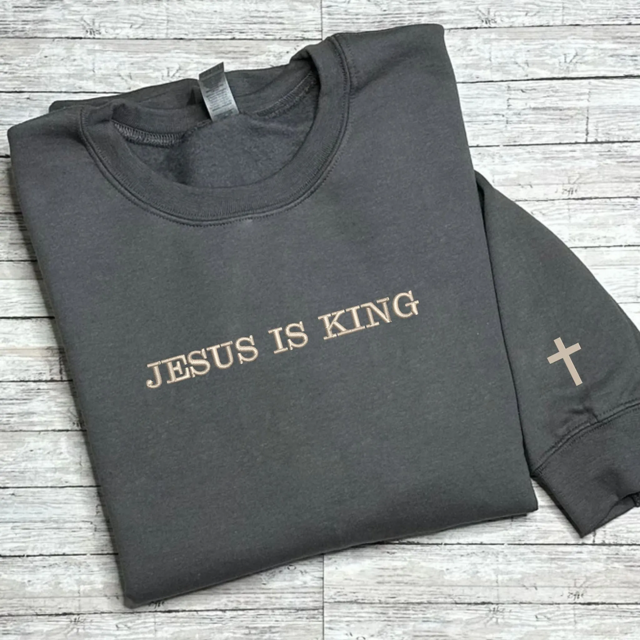 Cutsom Jesus Is King Sweatshirt With Cross on Sleeve, Christian Embroidered Hoodie, Religious Gifts for Her