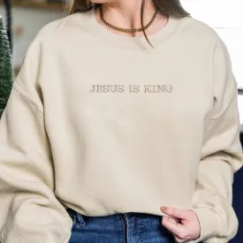 Cutsom Jesus Is King Sweatshirt With Cross on Sleeve, Christian Embroidered Hoodie, Religious Gifts for Her