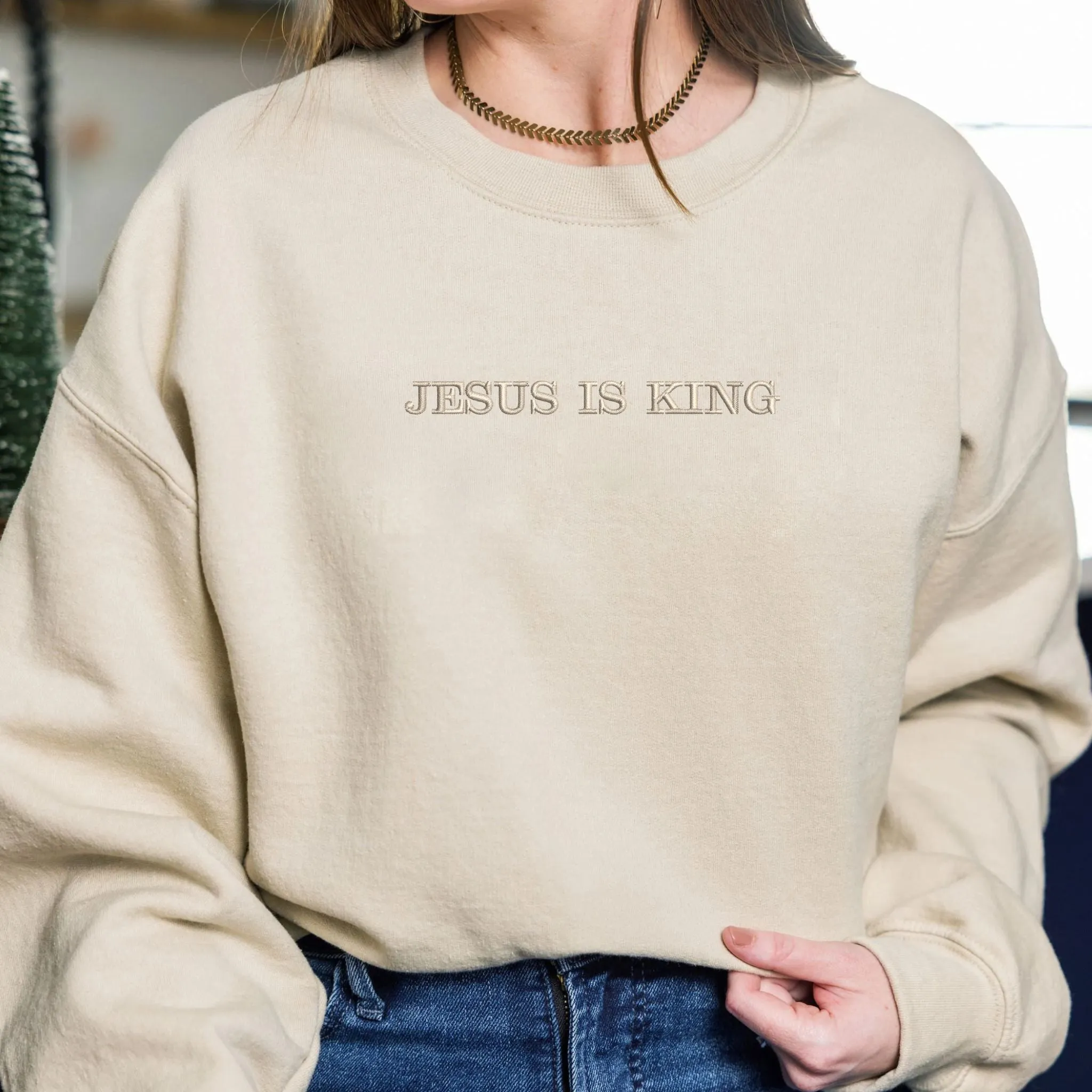 Cutsom Jesus Is King Sweatshirt With Cross on Sleeve, Christian Embroidered Hoodie, Religious Gifts for Her