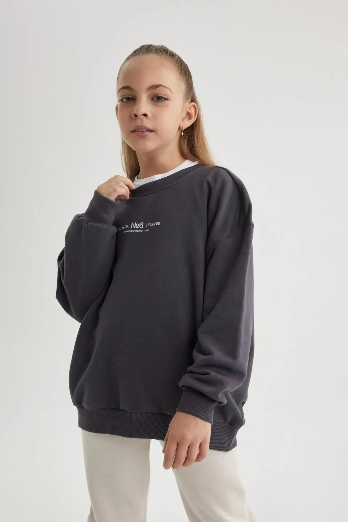 Defacto Girl's Anthracite Relax Fit Crew Neck Sweatshirt