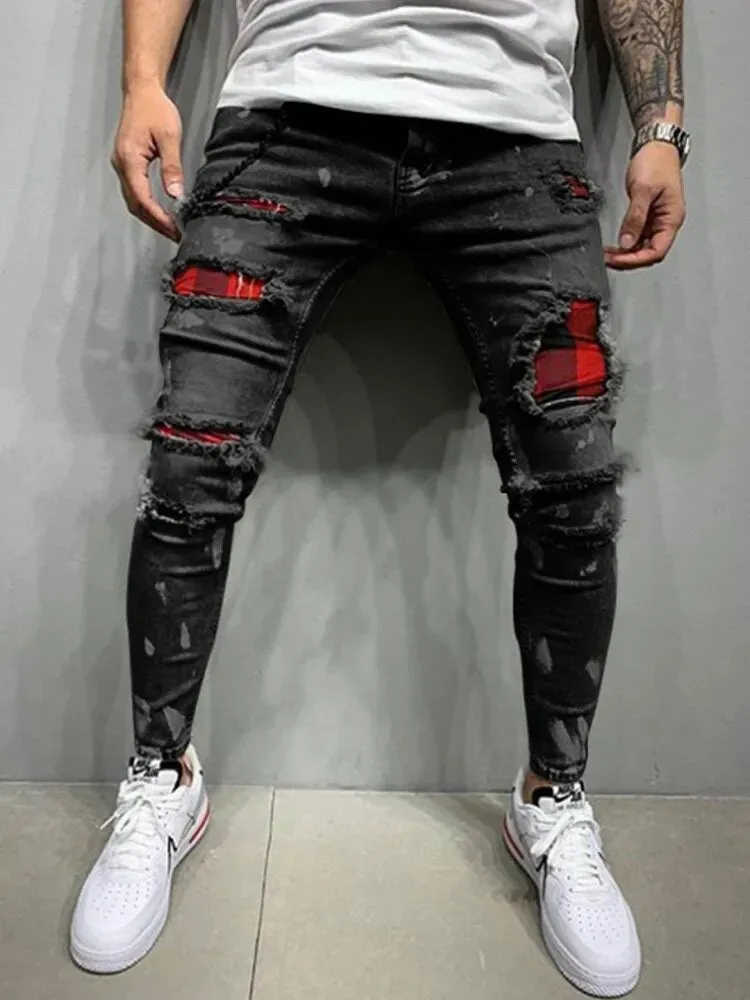 Distress Plaid Patch Holes Ripped Skinny Jeans Men*