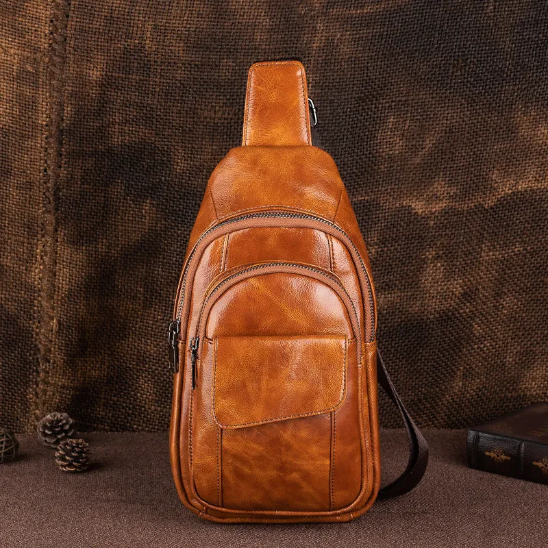 DUNNMALL Genuine Leather Chest Bag Men's First Layer Cowhide Men's Bag Men's Real-Leather Bag Chest Bag Men's High Sense Fashion Trendy Unique Practical