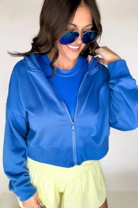 French Terry Active Electric Blue Cropped Zip Up Hoodie