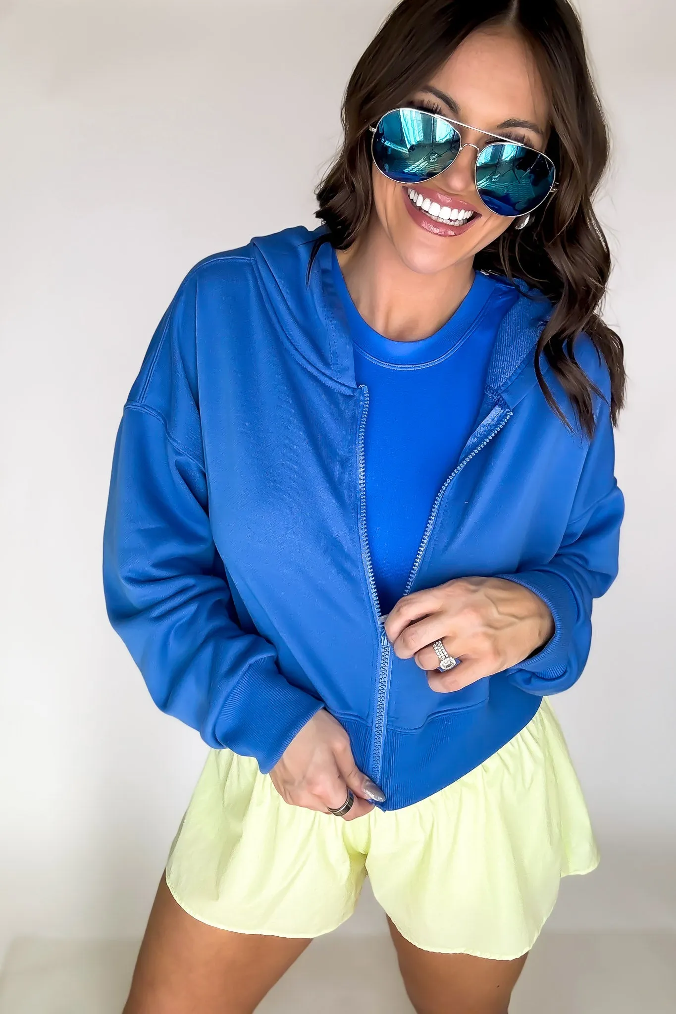 French Terry Active Electric Blue Cropped Zip Up Hoodie