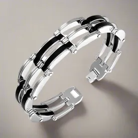 Geometric Stainless Steel & Black Rubber Men's Link Bracelet – Durable & Stylish