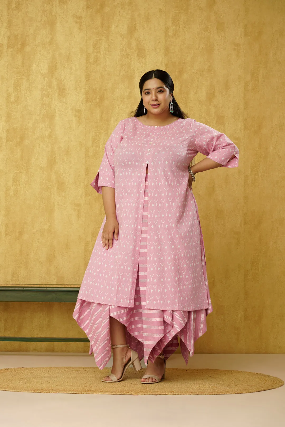 Gorgeous Pink Indo-western Dress in Jacquard Cotton