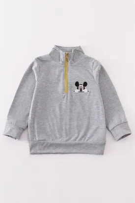 Grey character embroidery boy zipper pullover