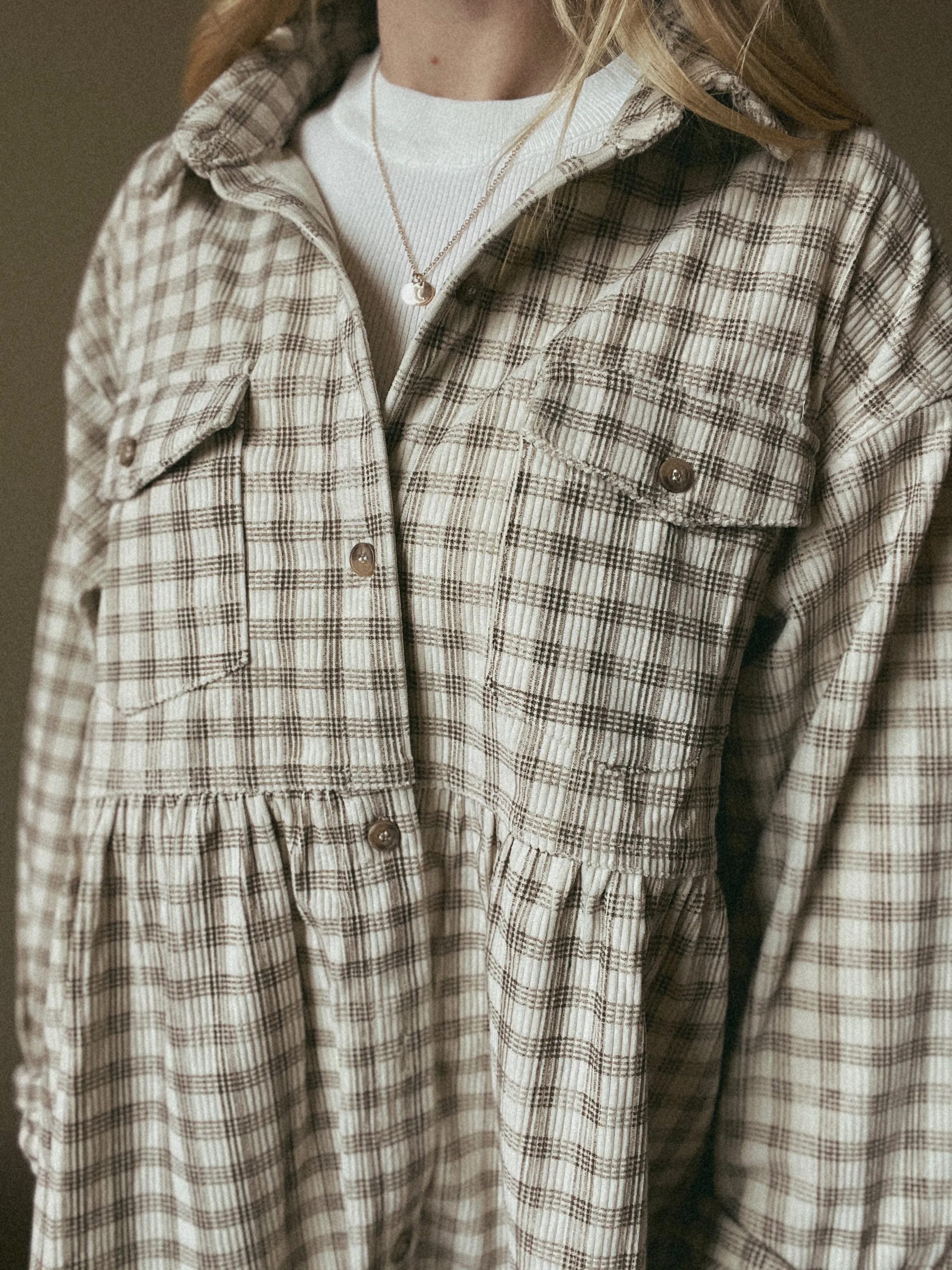 Ivory Mocha Plaid Peplum Button Up Shirt