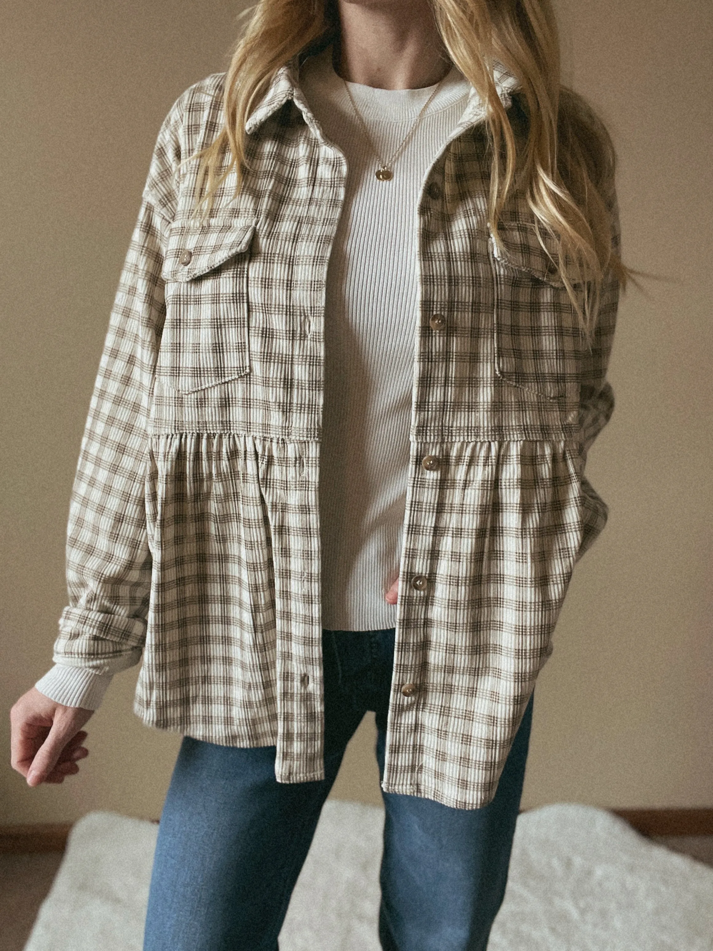 Ivory Mocha Plaid Peplum Button Up Shirt