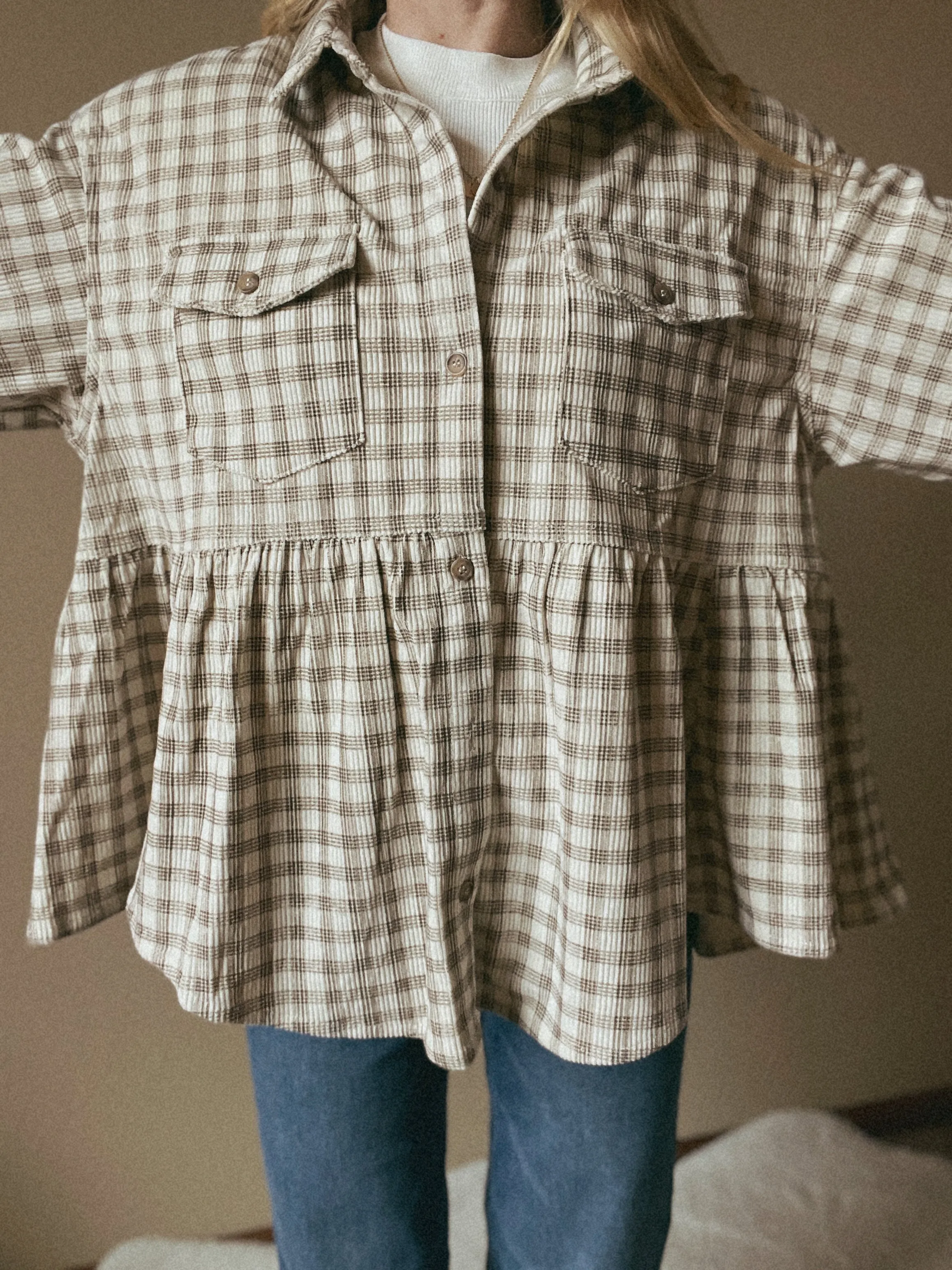 Ivory Mocha Plaid Peplum Button Up Shirt