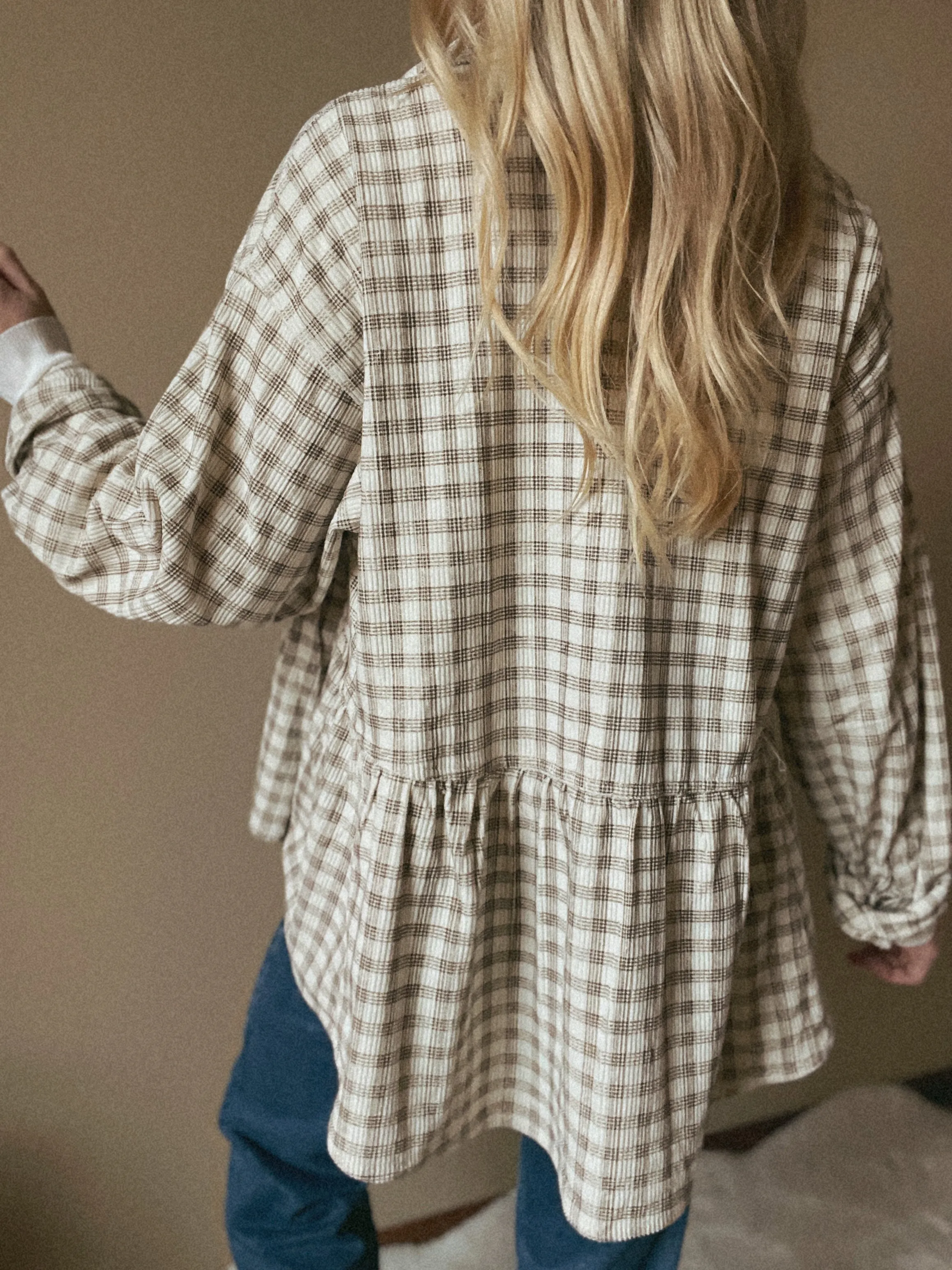 Ivory Mocha Plaid Peplum Button Up Shirt