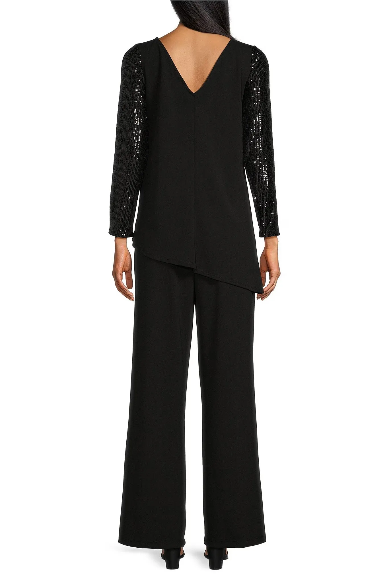 Marina crew neck sequin sleeves pullover construction scuba crepe pant set