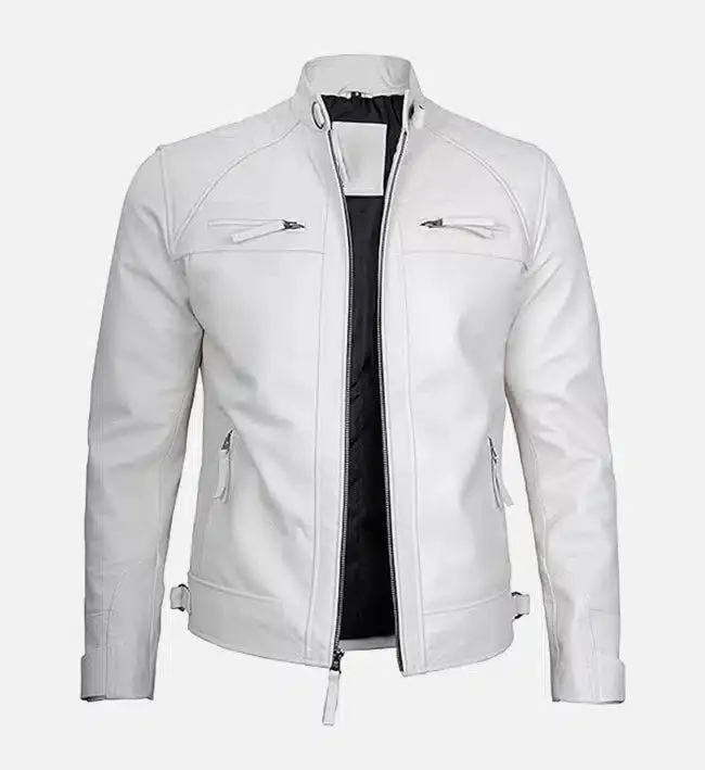 Men's Classic White Leather Cafe Racer Jacket