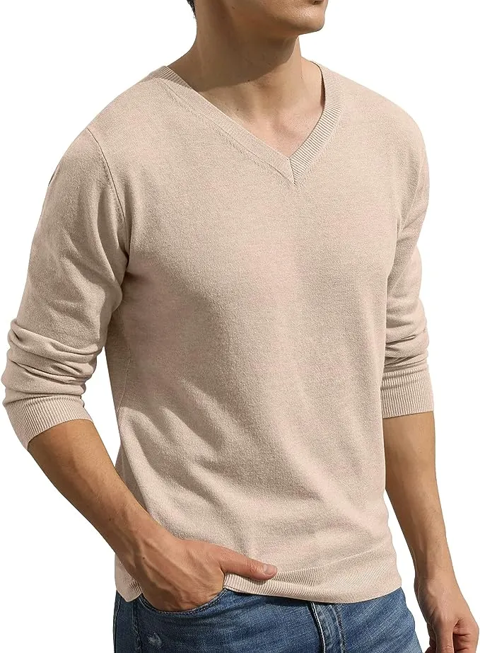 Men's V-Neck Casual Sweater Structured Knit Pullover - Beige