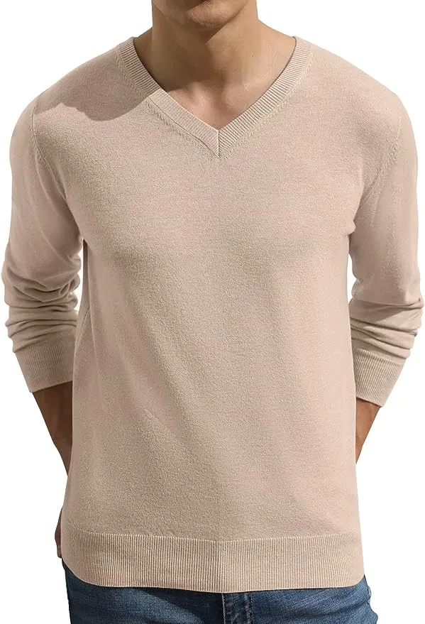 Men's V-Neck Casual Sweater Structured Knit Pullover - Beige