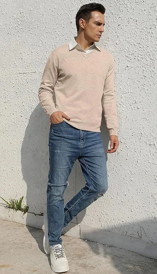 Men's V-Neck Casual Sweater Structured Knit Pullover - Beige