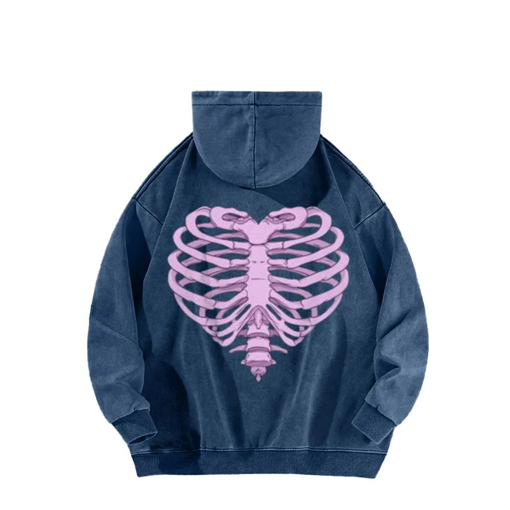 Mens Vintage Pink Heart Skeleton Print Hoodies