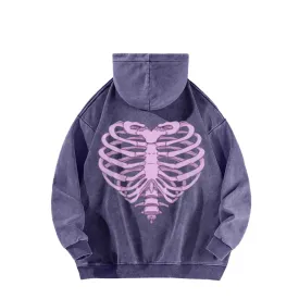 Mens Vintage Pink Heart Skeleton Print Hoodies