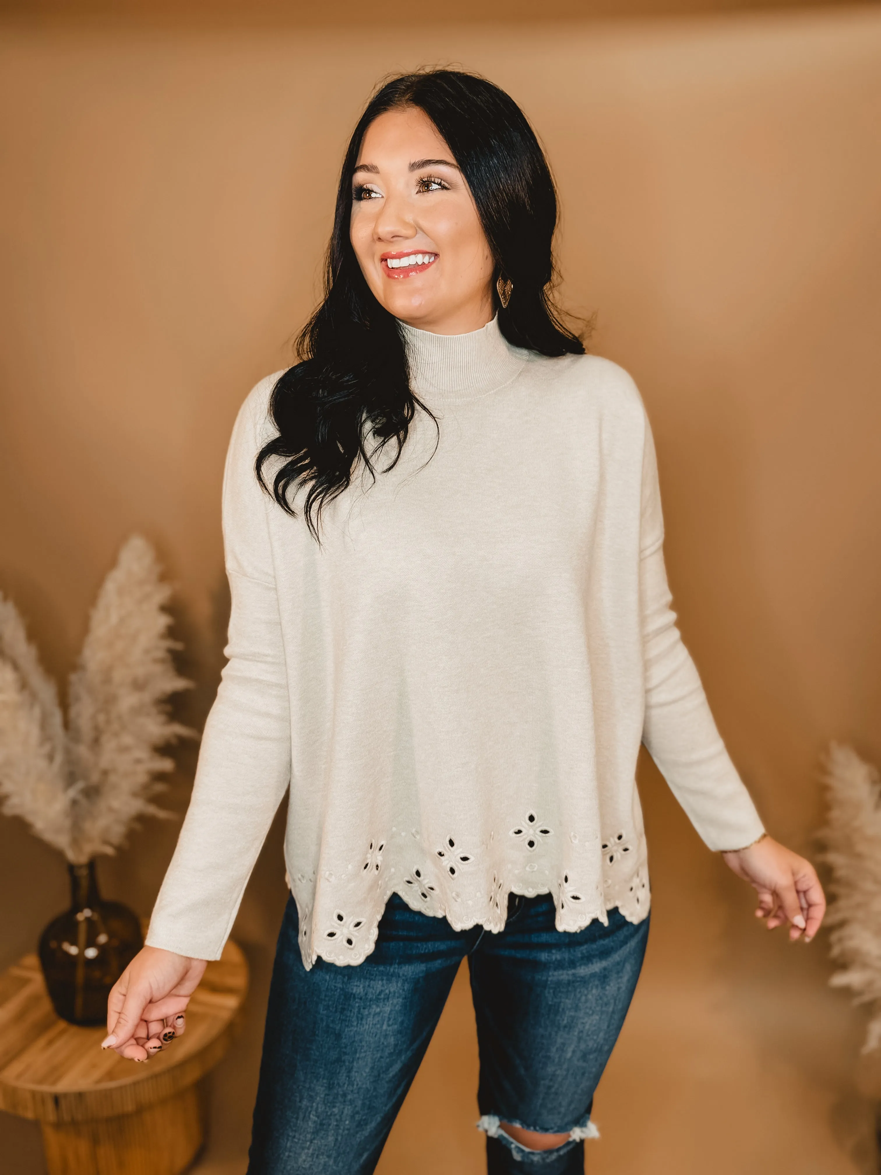 Mock Neck Eyelet Sweater - Oatmeal