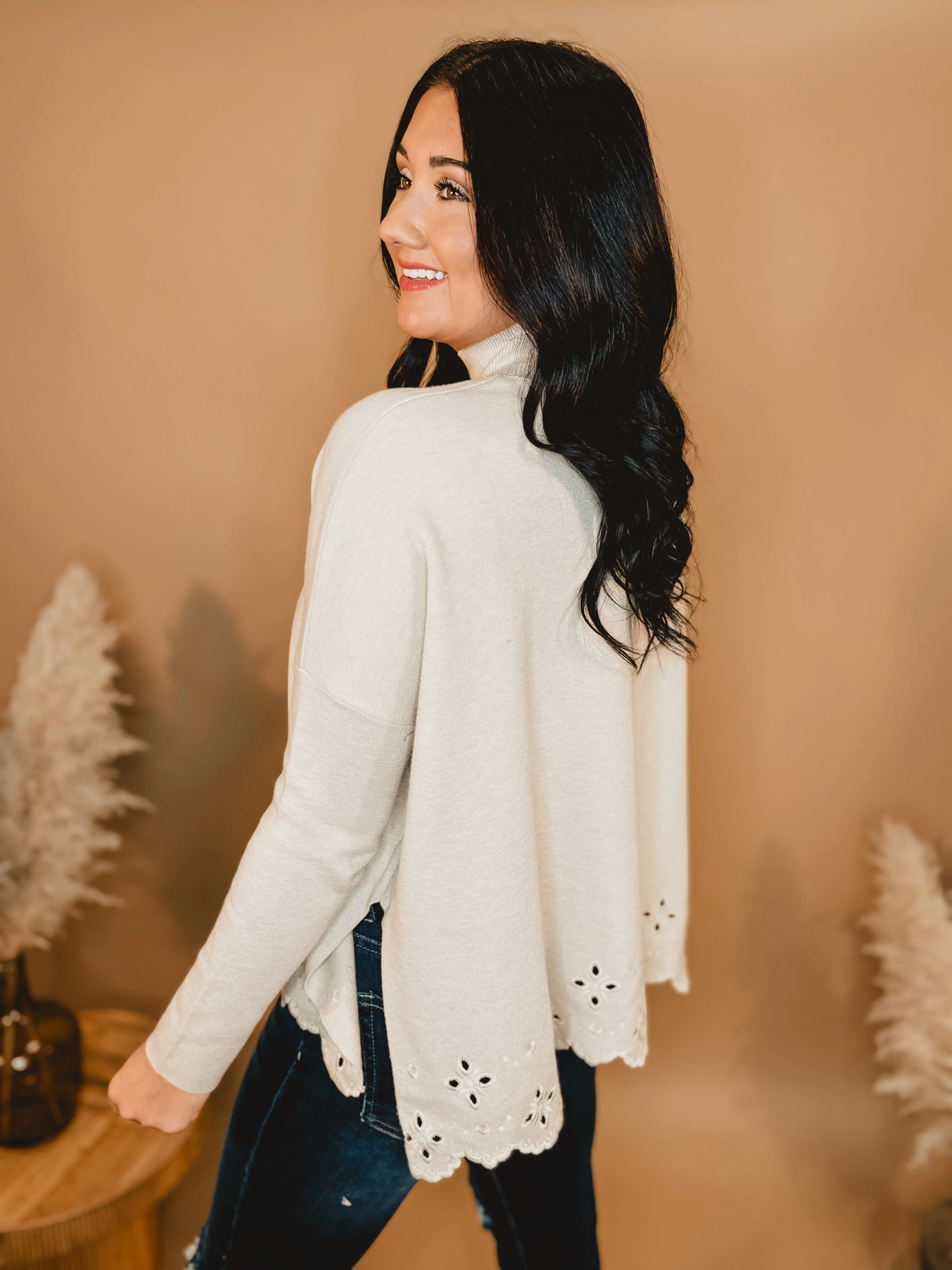 Mock Neck Eyelet Sweater - Oatmeal