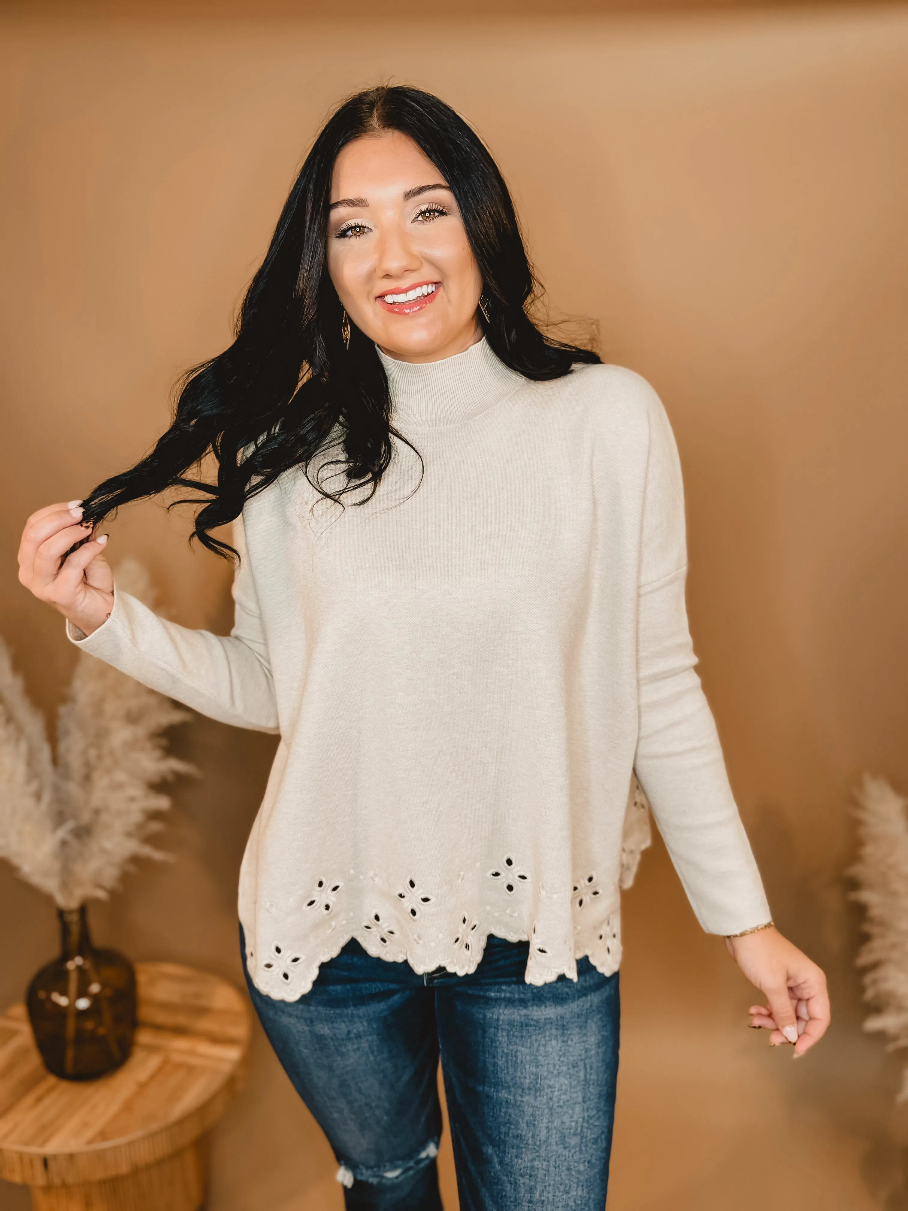 Mock Neck Eyelet Sweater - Oatmeal