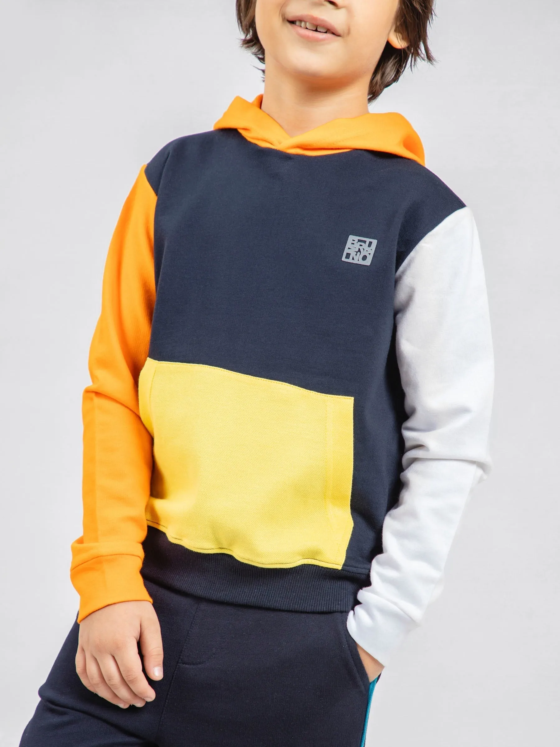 Navy Blue & Orange Sweatshirt With Contrasting Sleeves & Hood