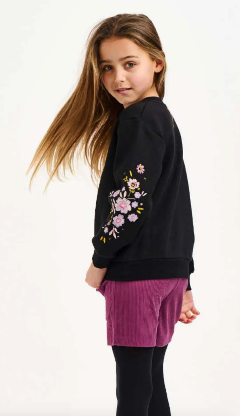 Nicole Miller Girls Black Floral Sleeve Sweatshirt