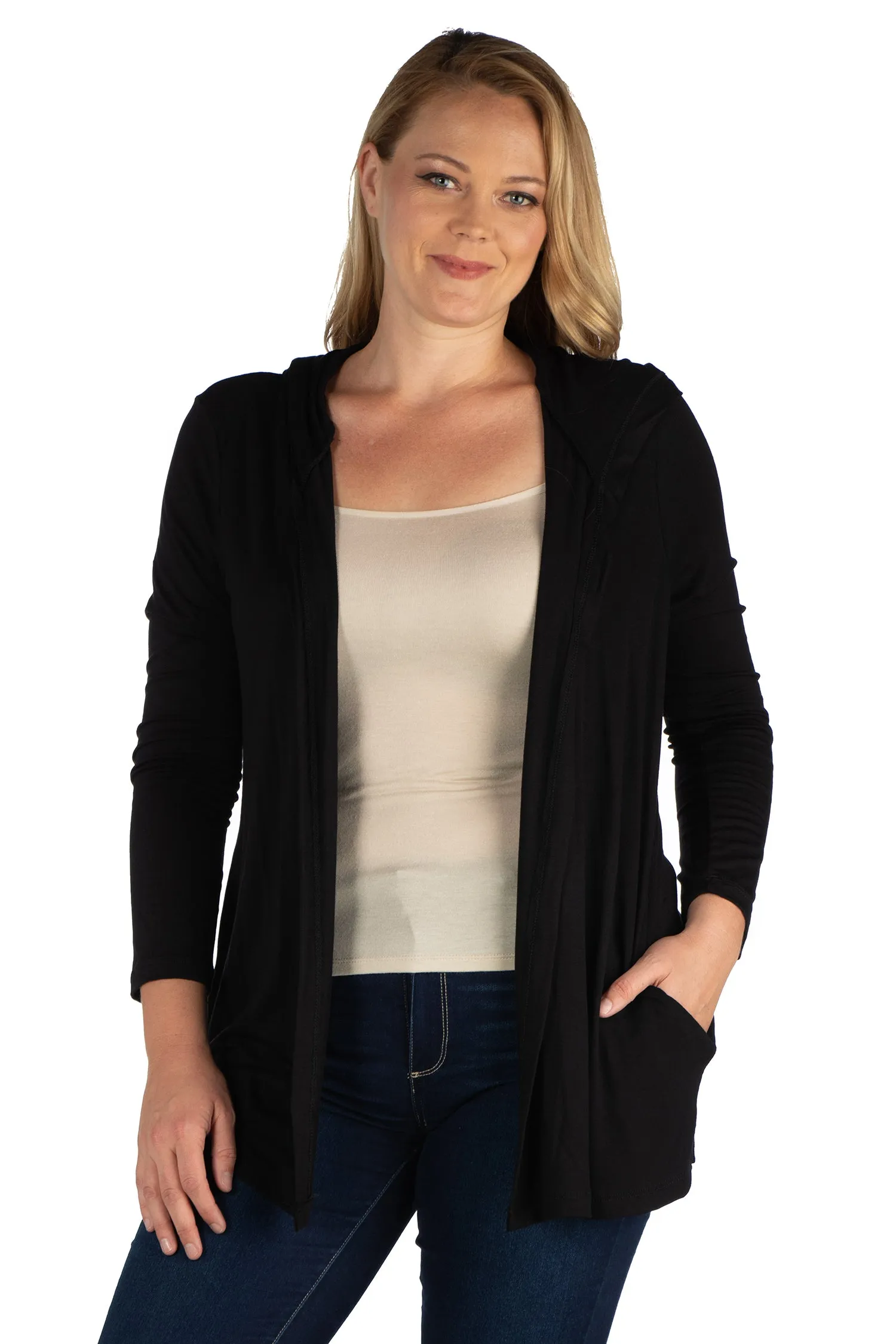 Open Front Lightweight Hooded Plus Size Cardigan