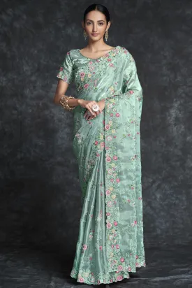 Organza Sea Green Trendy Wedding Wear Saree