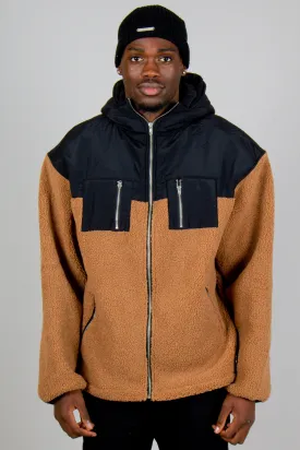 Oversized Tan Hooded Borg Jacket with Nylon Panels