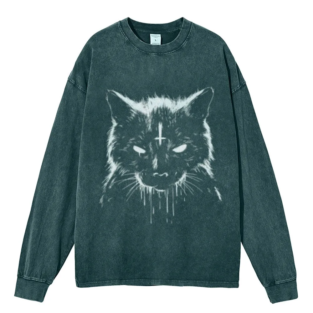 Oversized Vintage Washed Black Cat Graphic Sweatshirt