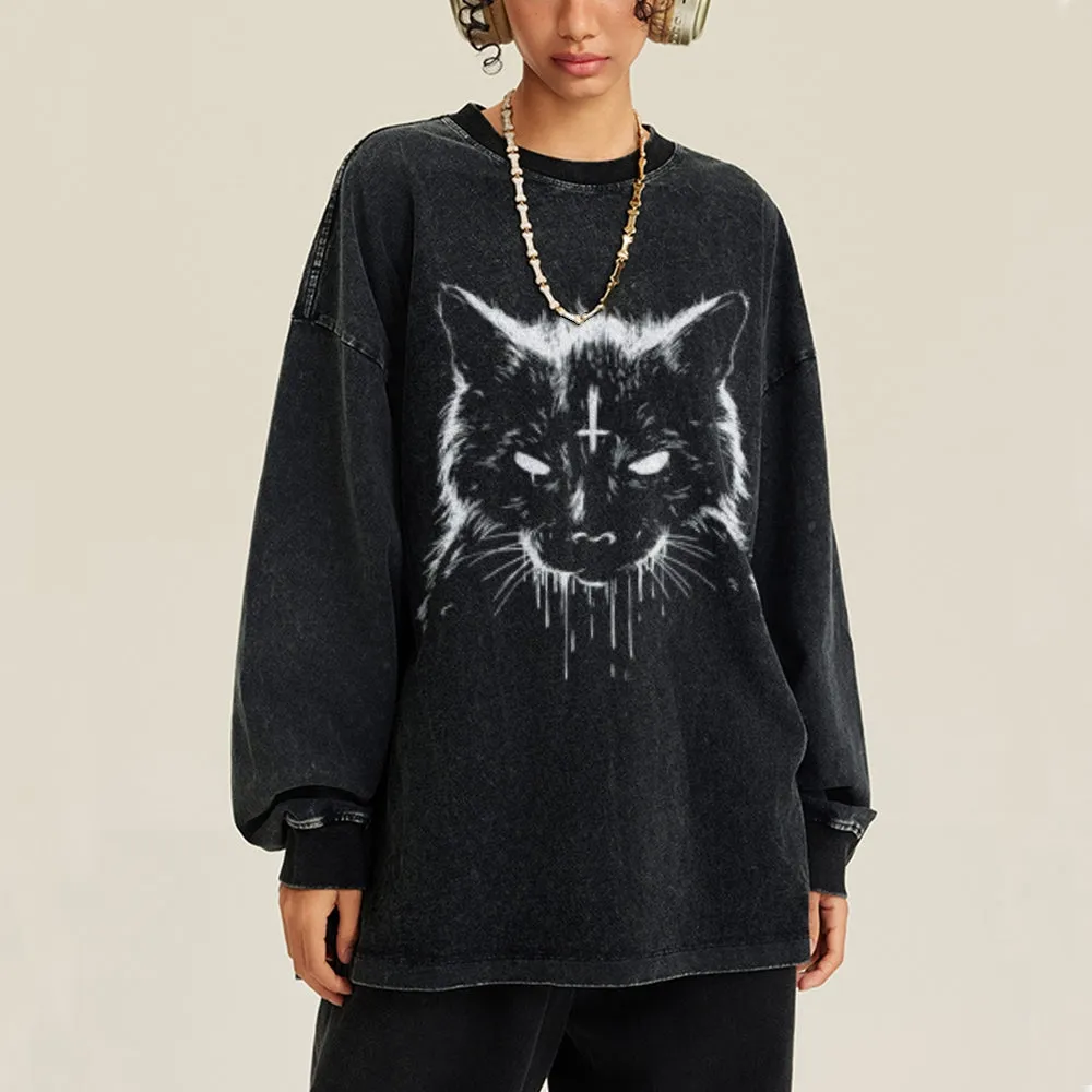 Oversized Vintage Washed Black Cat Graphic Sweatshirt