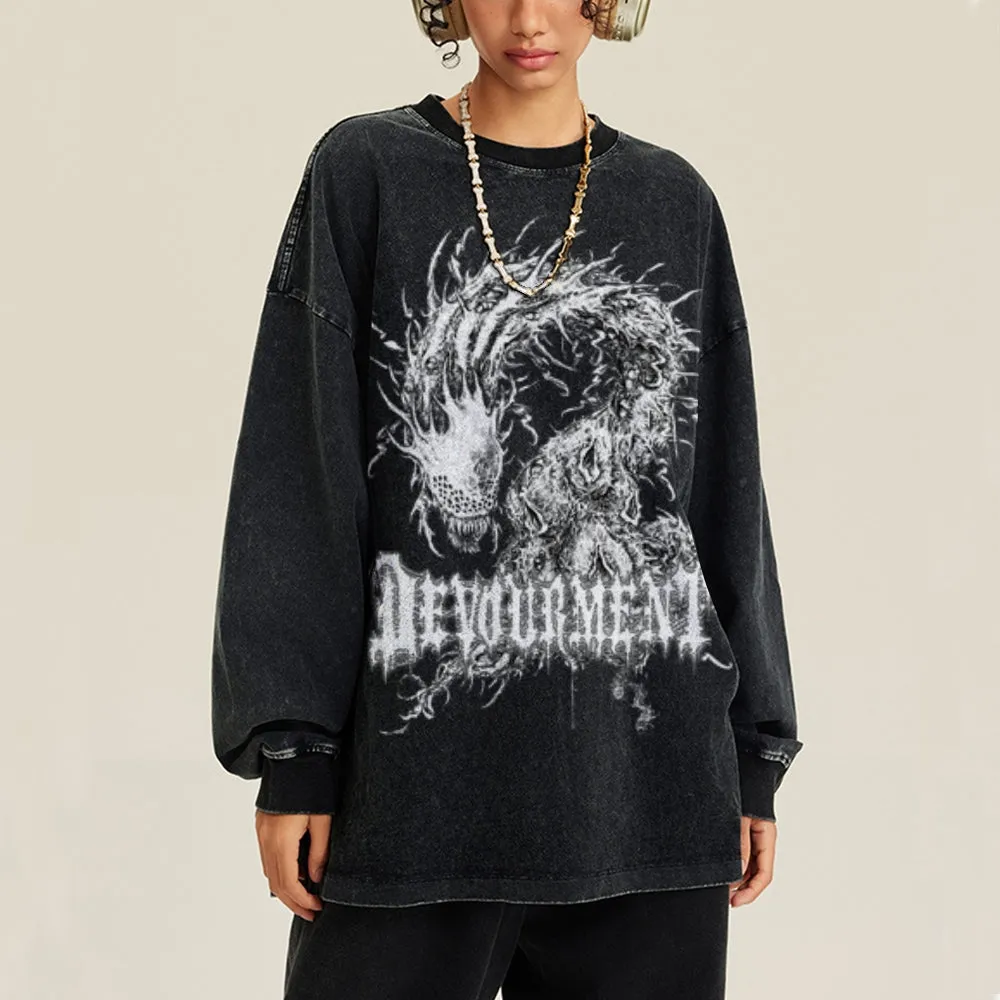 Oversized Vintage Washed Gothic Dragon Graphic Sweatshirt