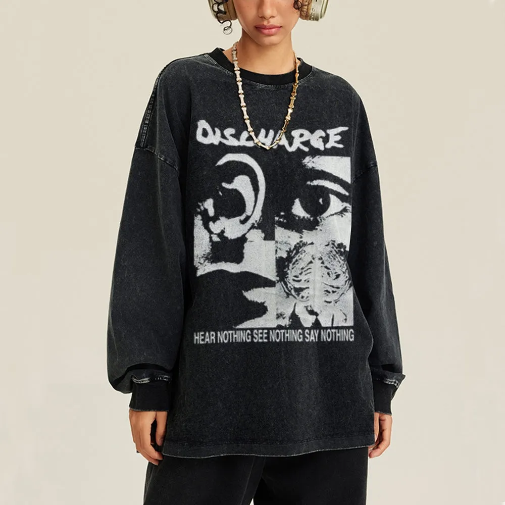 Oversized Vintage Washed Hear Nothing Graphic Sweatshirt