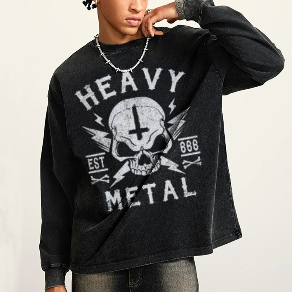 Oversized Vintage Washed Heavy Metal Skull Graphic Sweatshirt