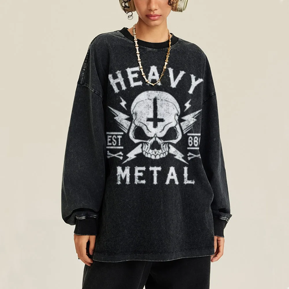 Oversized Vintage Washed Heavy Metal Skull Graphic Sweatshirt