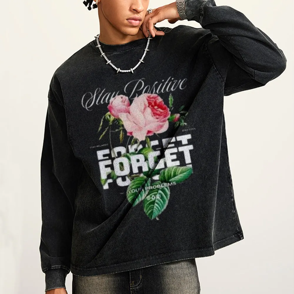 Oversized Vintage Washed Rose Slogan Graphic Sweatshirt