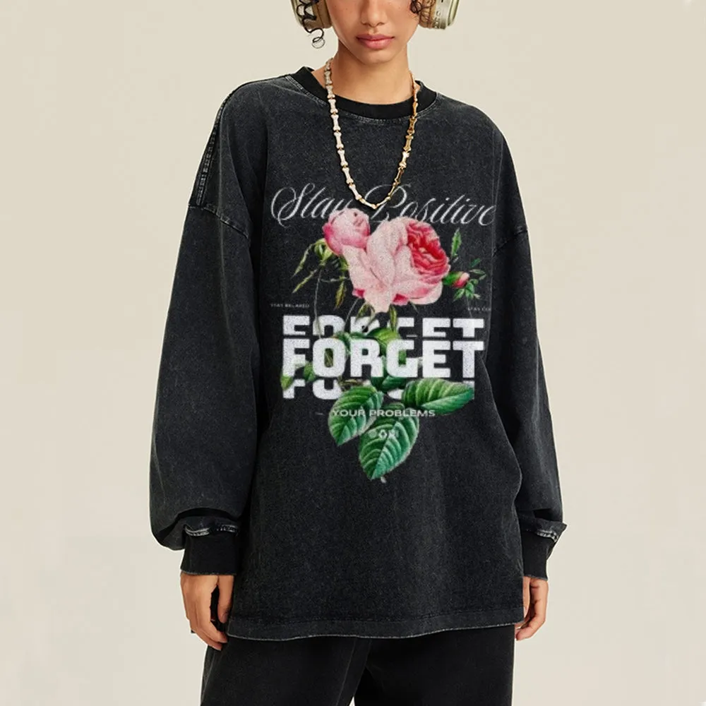 Oversized Vintage Washed Rose Slogan Graphic Sweatshirt