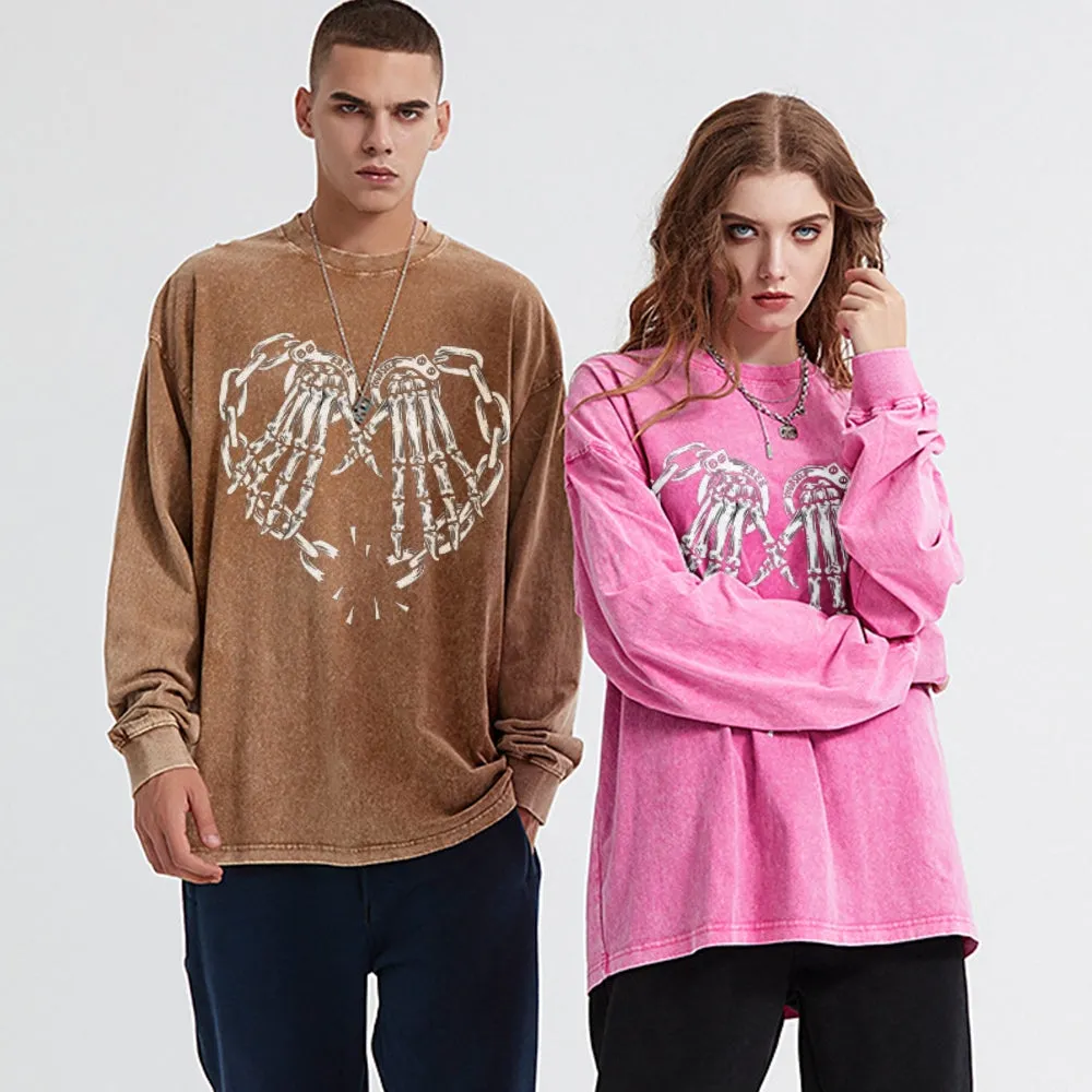 Oversized Vintage Washed Skeleton Heart Hand Graphic Sweatshirt