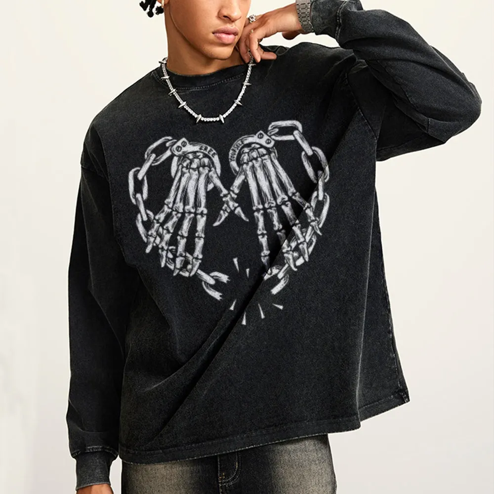 Oversized Vintage Washed Skeleton Heart Hand Graphic Sweatshirt