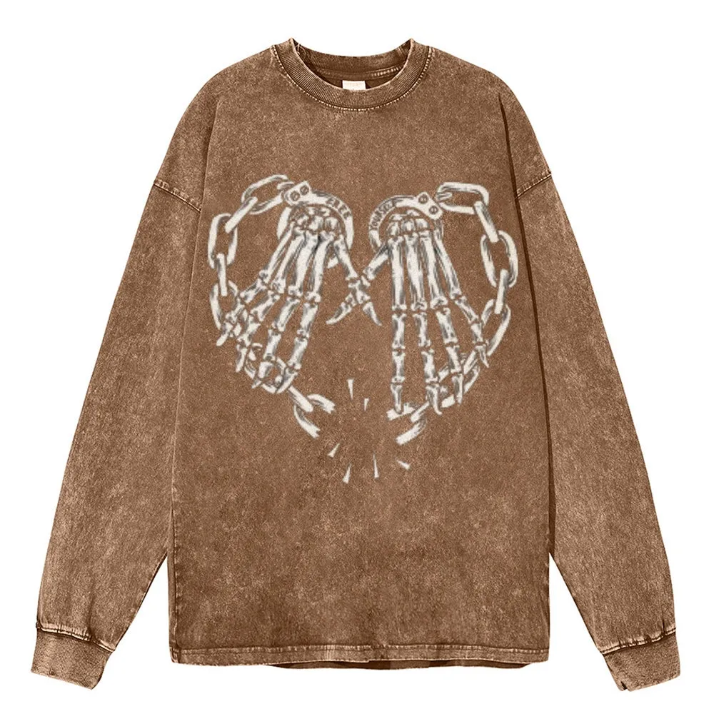 Oversized Vintage Washed Skeleton Heart Hand Graphic Sweatshirt