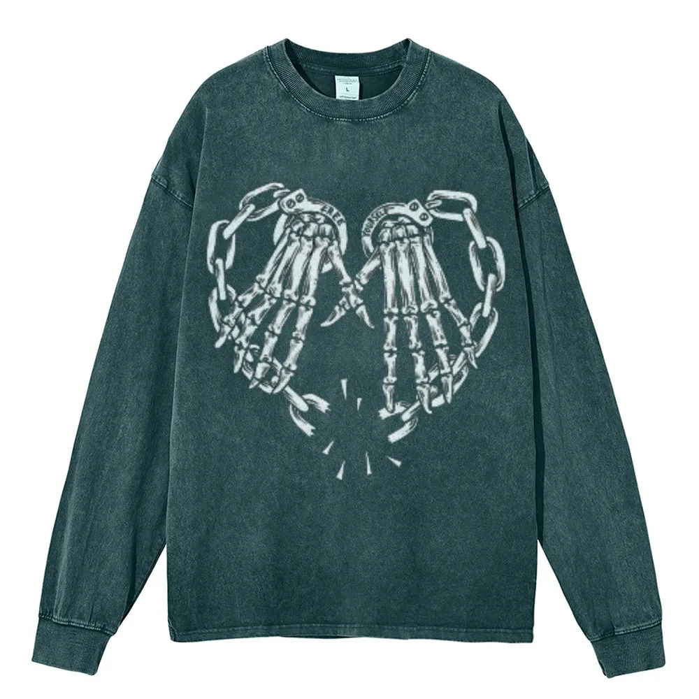 Oversized Vintage Washed Skeleton Heart Hand Graphic Sweatshirt