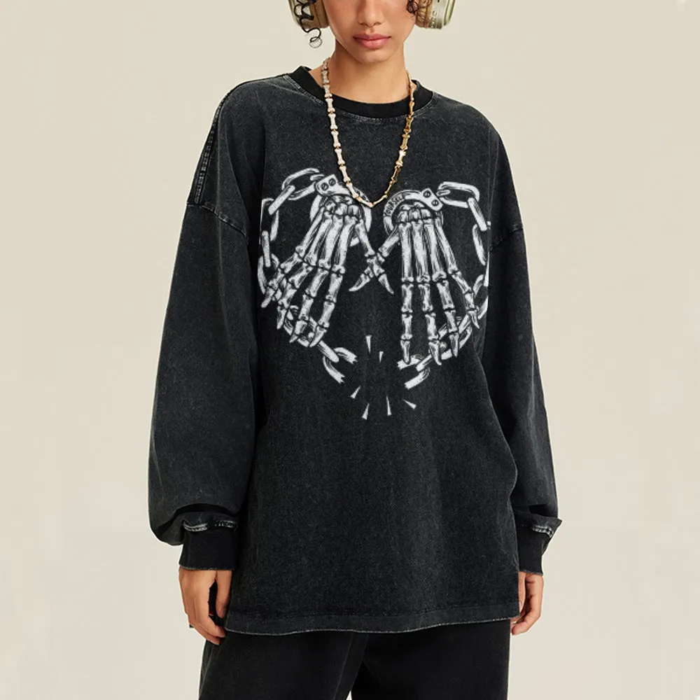 Oversized Vintage Washed Skeleton Heart Hand Graphic Sweatshirt